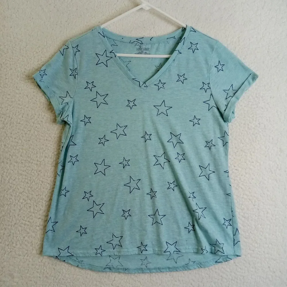 Jasmine and Ginger Womens‎ Top Large Short Sleeve Blue Stars PolyCotton